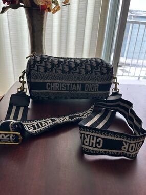 Christian Dior Black and Ivory Jacquard Cylinder Crossbody Bag